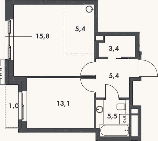 Планировка: 2-к, 48,6 м²