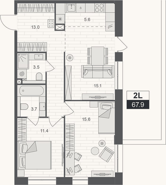 Планировка: 3-к, 67,9 м²