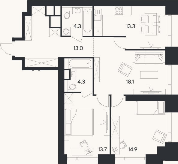 Планировка: 3-к, 81,6 м²