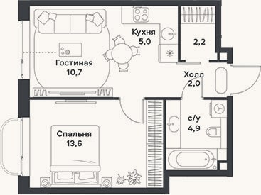 Планировка: 2-к, 38,4 м²