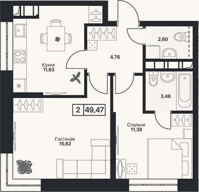 Планировка: 2-к, 49,5 м²