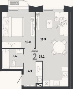 Планировка: 2-к, 37,2 м²