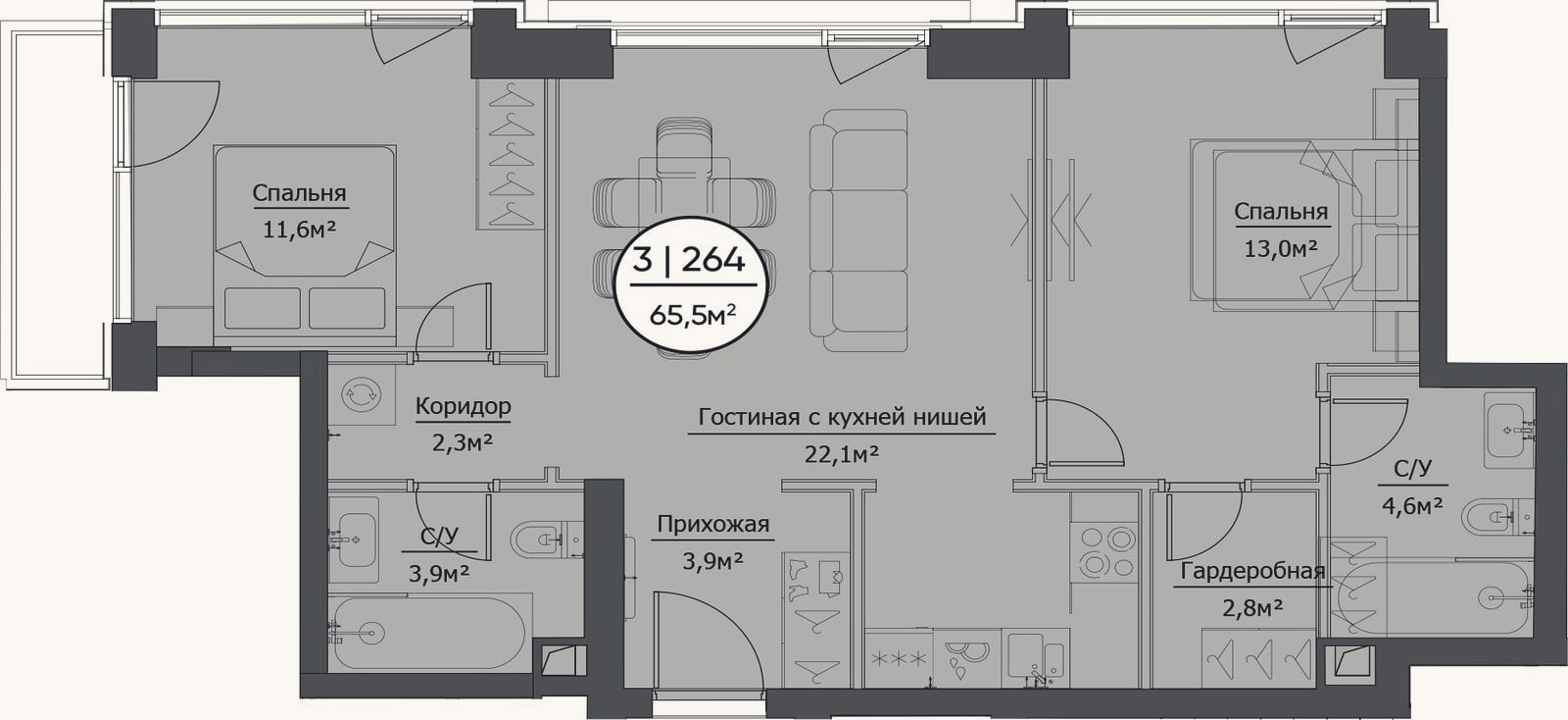 Планировка: 3-к, 64,4 м²