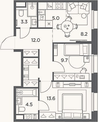 Планировка: 3-к, 56,3 м²