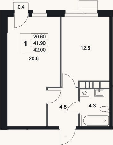 Планировка: 1-к, 41,9 м²