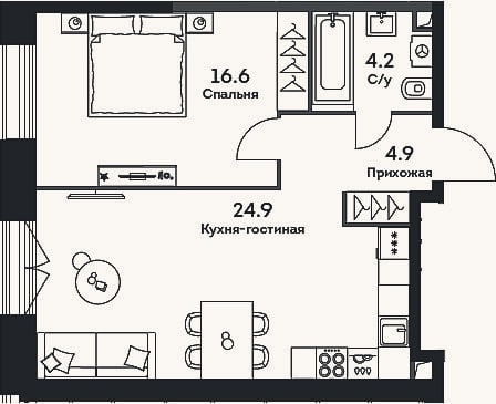 Планировка: 2-к, 50,6 м²