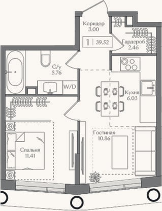 Планировка: 2-к, 39,5 м²