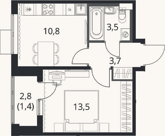 Планировка: 1-к, 31,5 м²