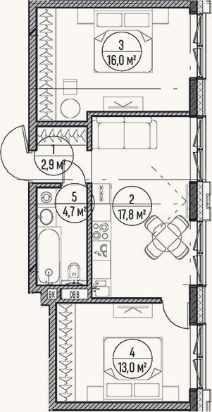 Планировка: 3-к, 54,4 м²
