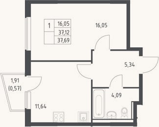 Планировка: 1-к, 37,1 м²