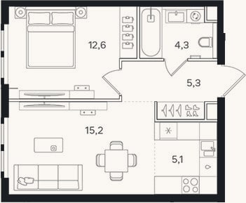 Планировка: 2-к, 42,5 м²