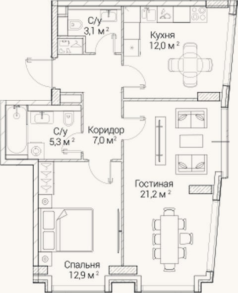 Планировка: 2-к, 61,3 м²