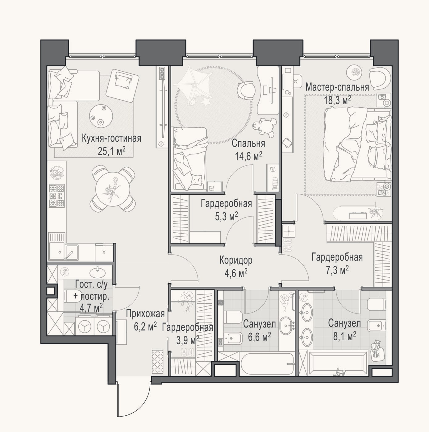Планировка: 3-к, 105,6 м²