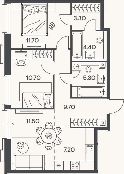 Планировка: 3-к, 63,8 м²