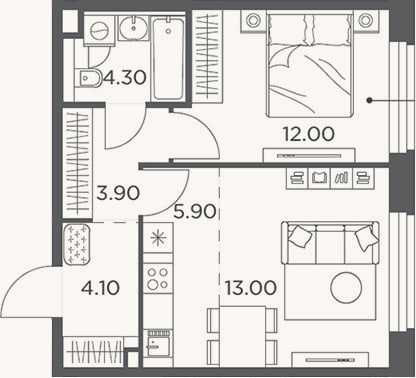 Планировка: 2-к, 43,2 м²