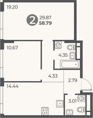 Планировка: 2-к, 58,8 м²