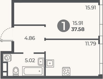 Планировка: 1-к, 37,6 м²