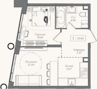 Планировка: 2-к, 39,1 м²