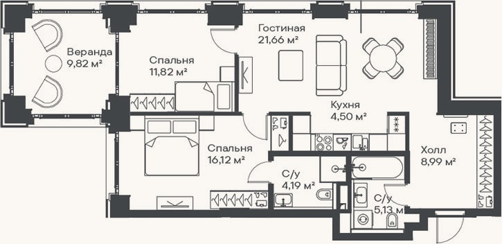 Планировка: 3-к, 72,4 м²