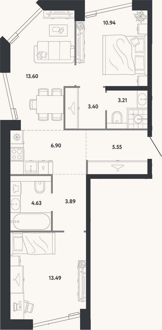 Планировка: 2-к, 65,6 м²