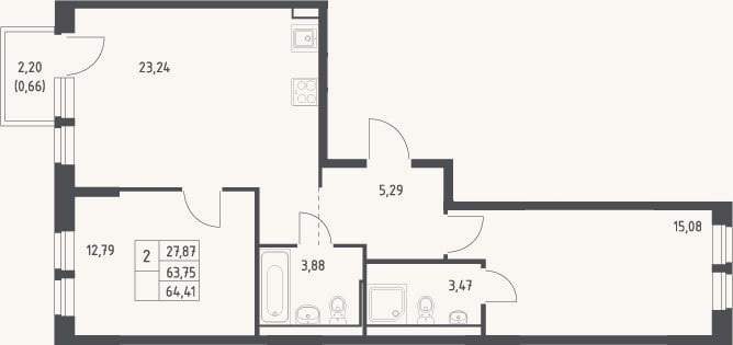 Планировка: 3-к, 63,8 м²