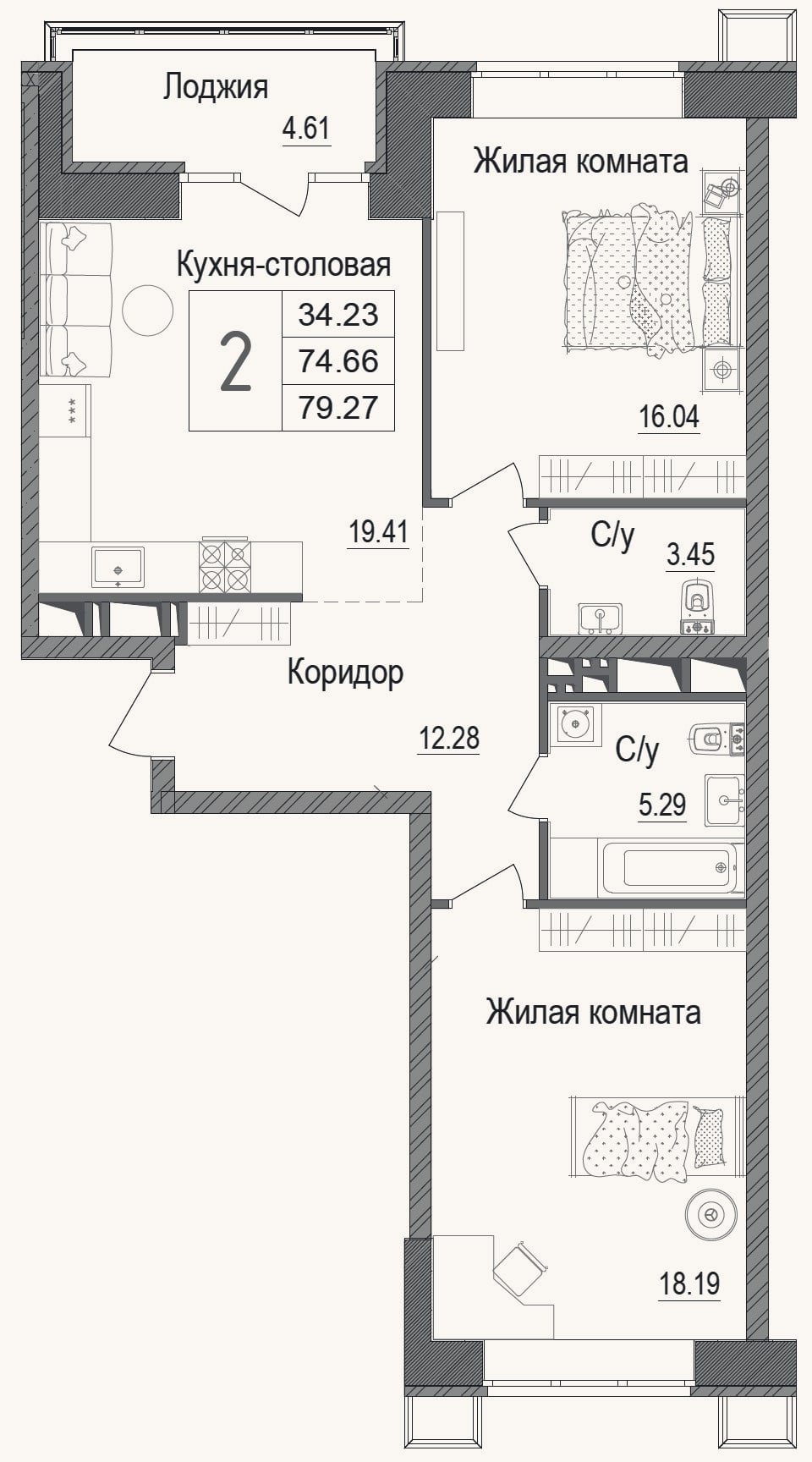 Планировка: 2-к, 74,7 м²