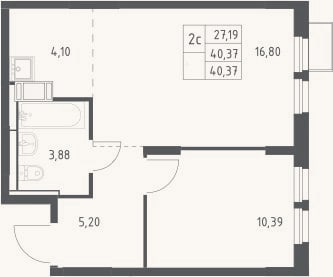 Планировка: 2-к, 40,4 м²