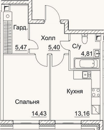 Планировка: 1-к, 43,3 м²