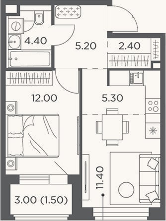 Планировка: 2-к, 42,3 м²