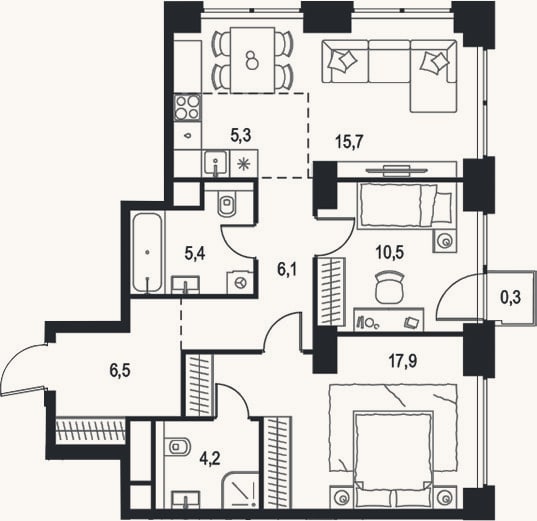 Планировка: 3-к, 71,6 м²