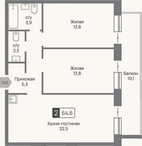 Планировка: 3-к, 61,6 м²