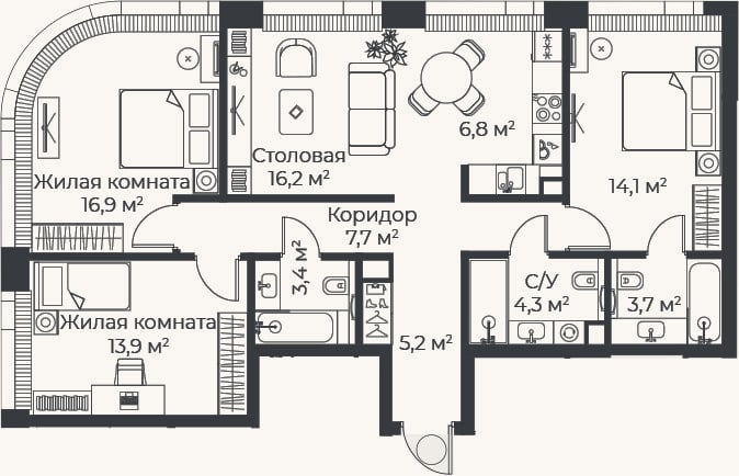 Планировка: 4+ к, 92,2 м²