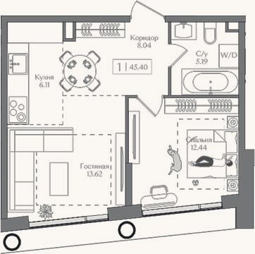 Планировка: 2-к, 45,4 м²
