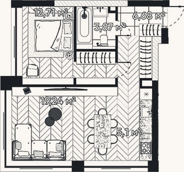 Планировка: 2-к, 47,6 м²