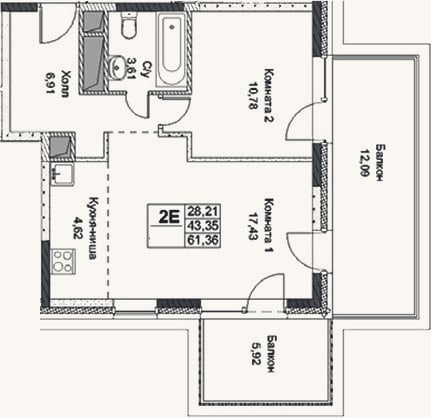 Планировка: 2-к, 43,4 м²