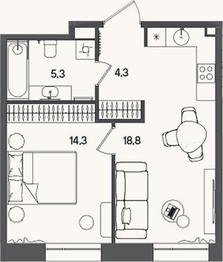 Планировка: 2-к, 42,7 м²
