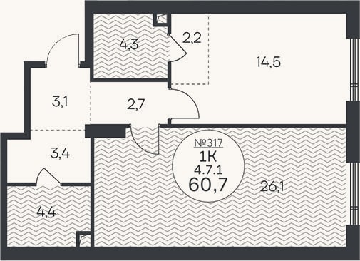 Планировка: 1-к, 60,7 м²