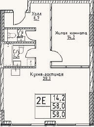 Планировка: 2-к, 58 м²