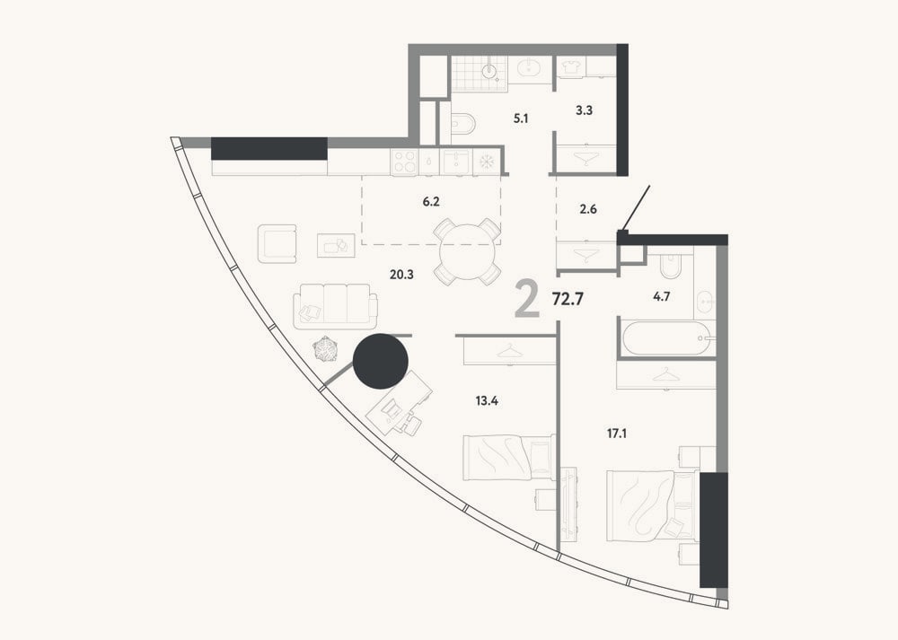 Планировка: 3-к, 72,7 м²