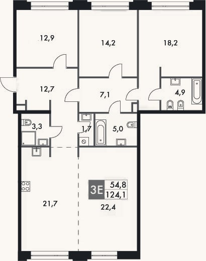 Планировка: 4+ к, 128 м²