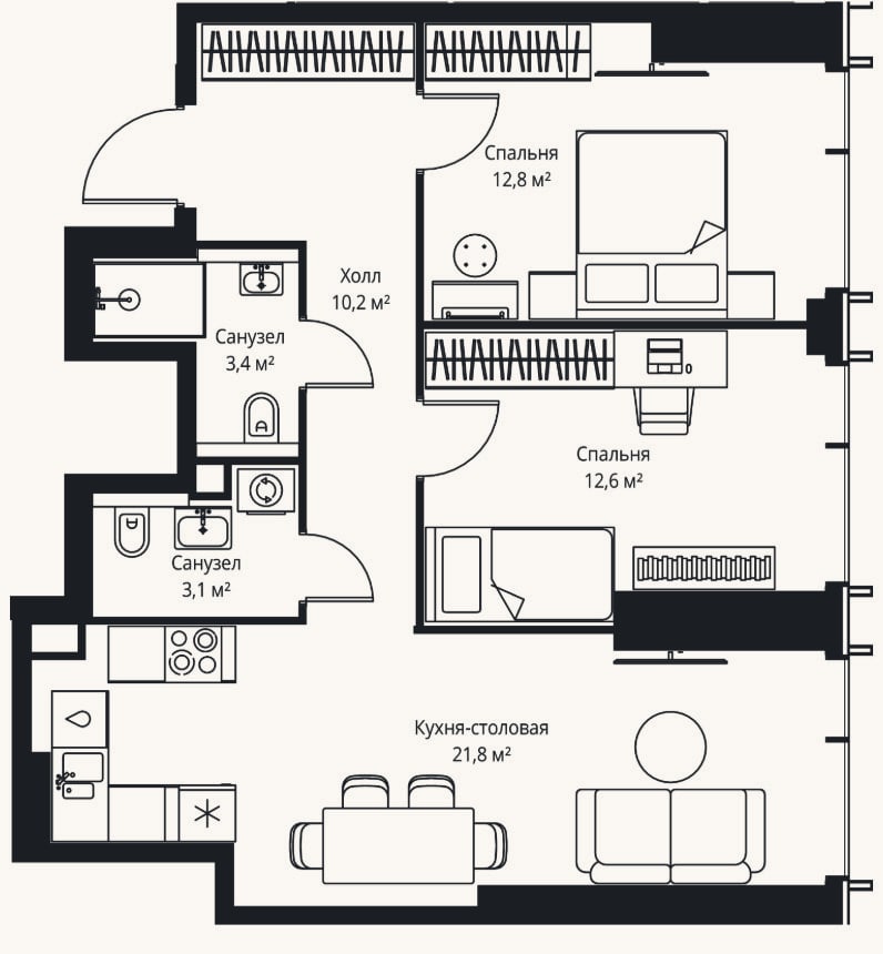 Планировка: 3-к, 63,9 м²