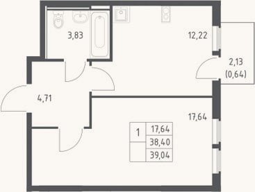 Планировка: 1-к, 38,4 м²