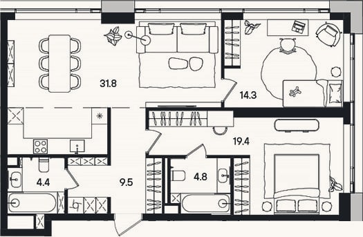 Планировка: 3-к, 85,2 м²