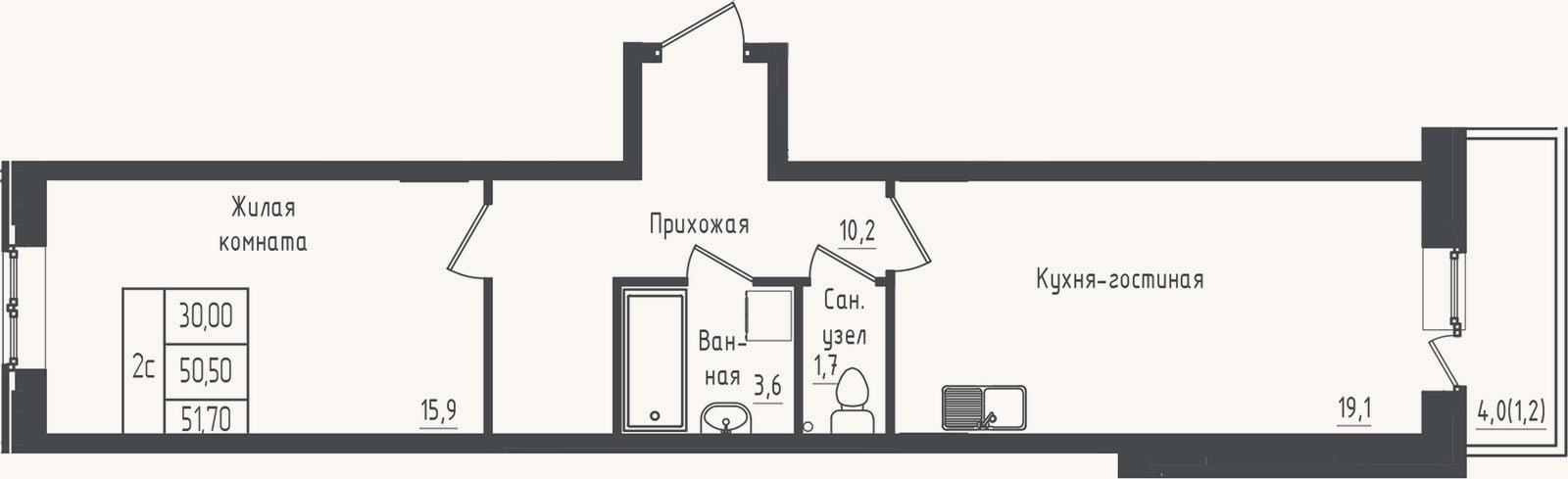 Планировка: 1-к, 50,5 м²