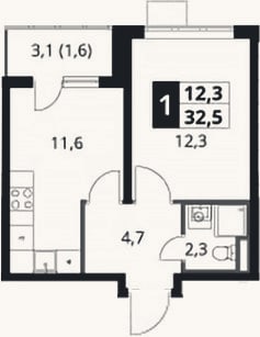 Планировка: 1-к, 30,9 м²