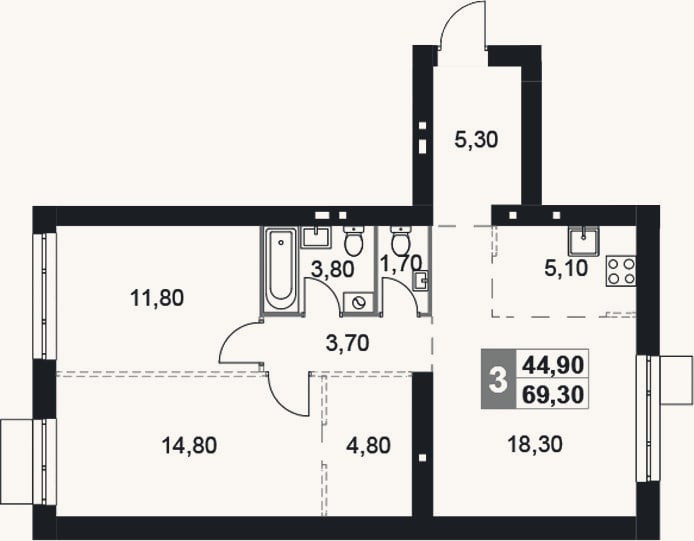 Планировка: 3-к, 69,3 м²