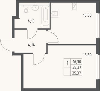 Планировка: 1-к, 35,4 м²