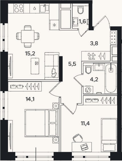 Планировка: 2-к, 55,8 м²