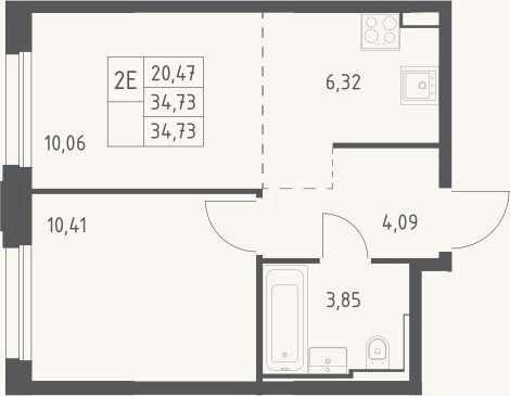 Планировка: 2-к, 34,7 м²