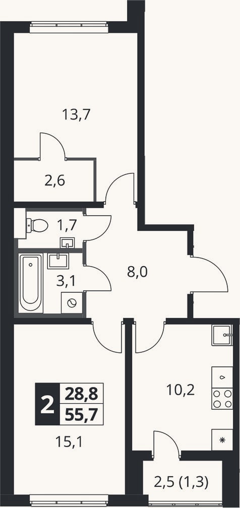 Планировка: 2-к, 54,4 м²